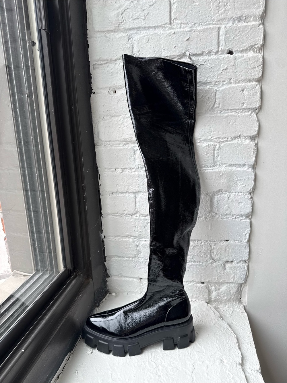 Prada Black Patent Over-the-Knee Lug Sole Boot